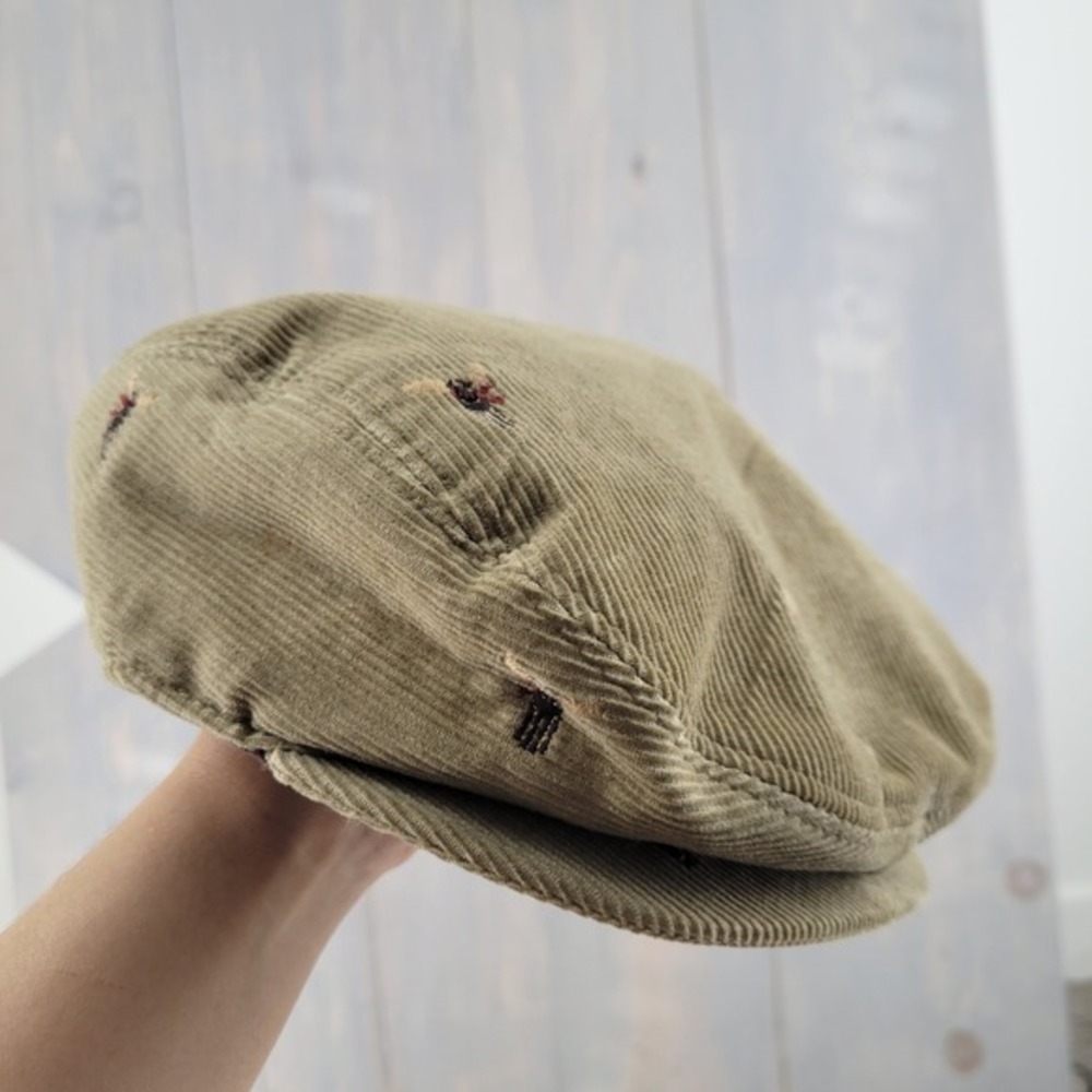 Janie and Jack Flat Cap Kids 6-8 Tan Corduroy Bull Embroidered Newsboy Hat Moose